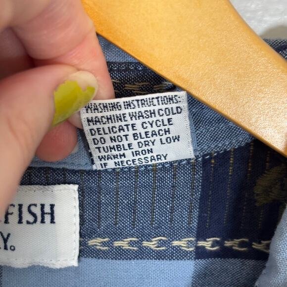 Blue Check Autumn Leaves Embroidered Shirt XL Cotton Button Down | Soft Summer - Picture 8 of 8